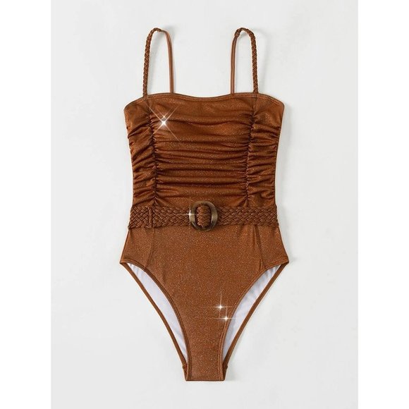 NEW Ruched Ring Linked Belted One Piece Swimsuit M - Picture 5 of 7